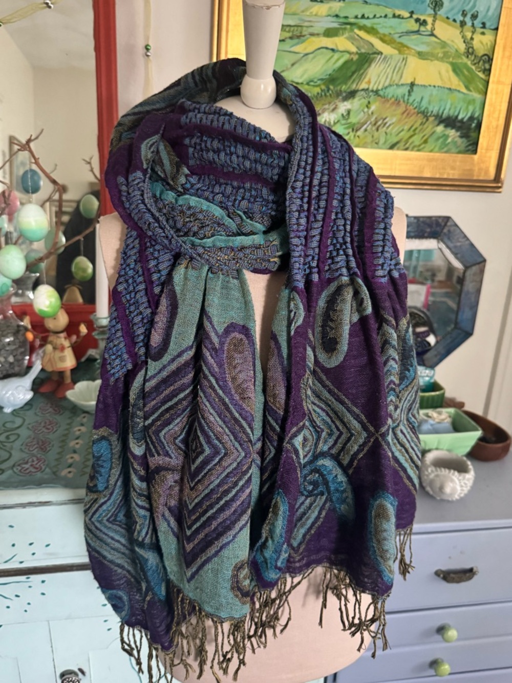 Vintage PASHMINA Stylish Purple & Teal Woven Fringe Scarf Cotton Blend 90s VGUC